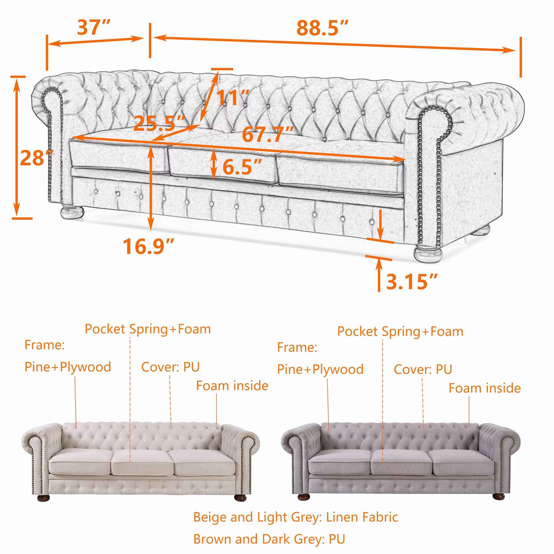 How long is a 3 seater Chesterfield sofa?