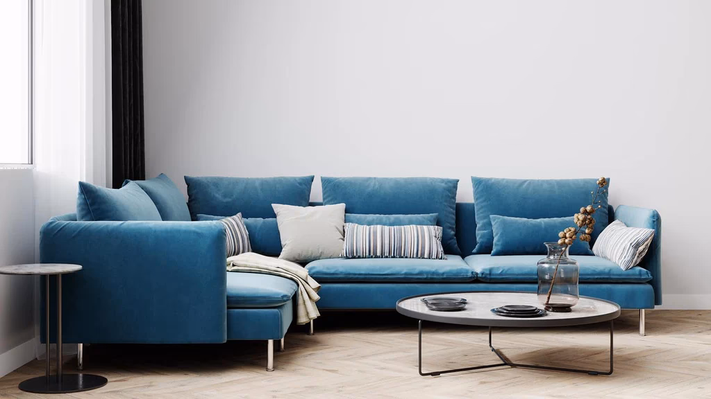What color cushions go with blue sofa?