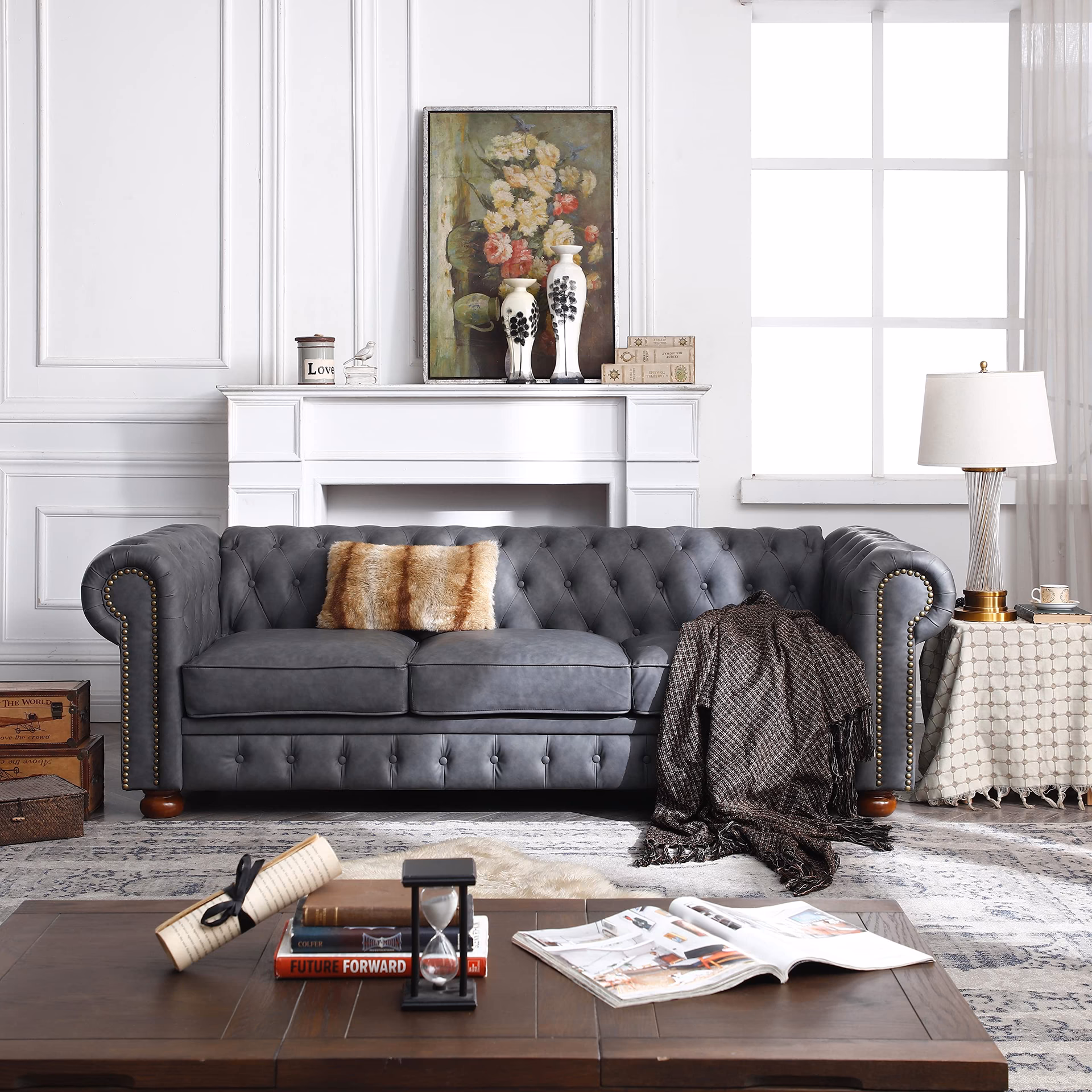 How to style a living room with a grey sofa?