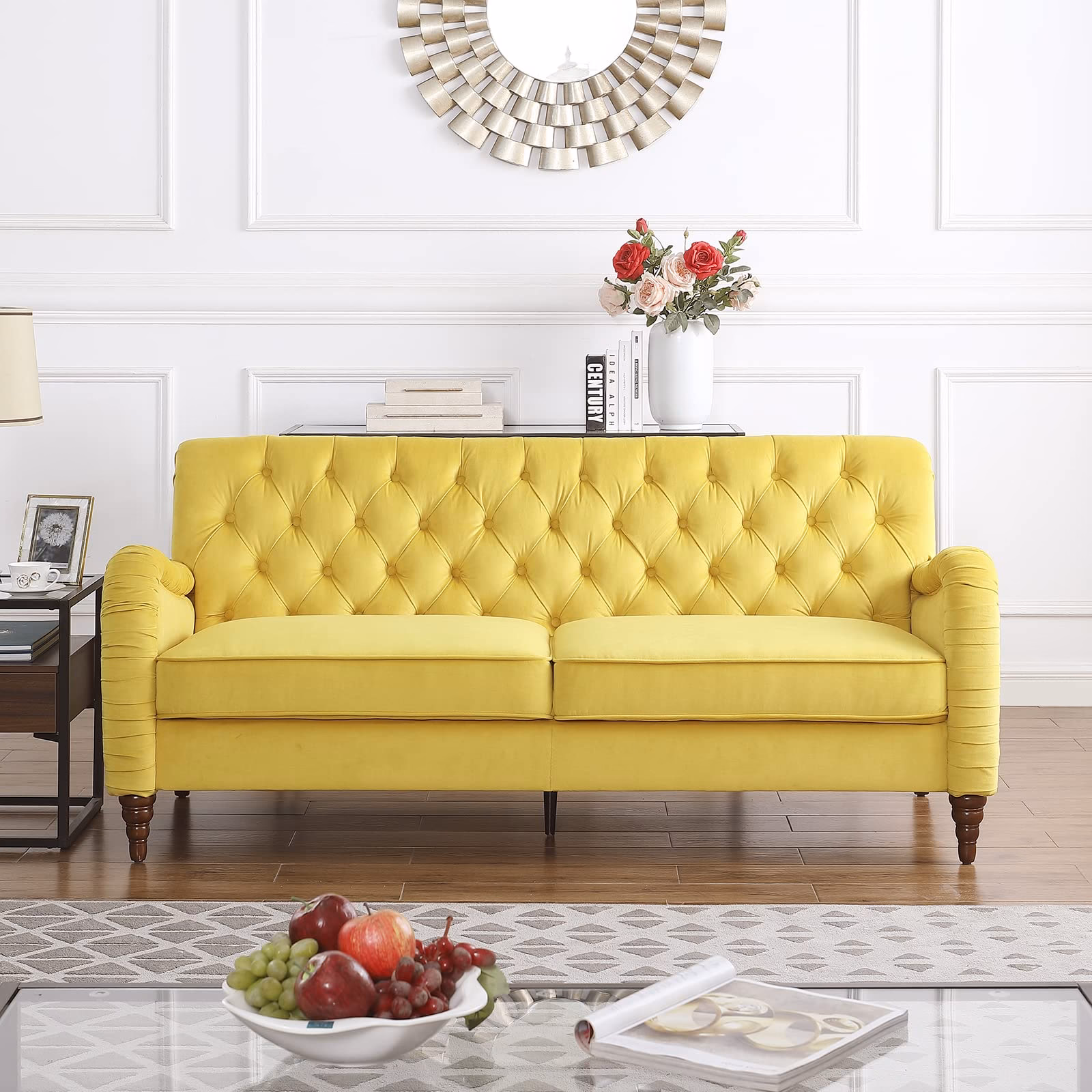 What colours go with mustard yellow sofa?