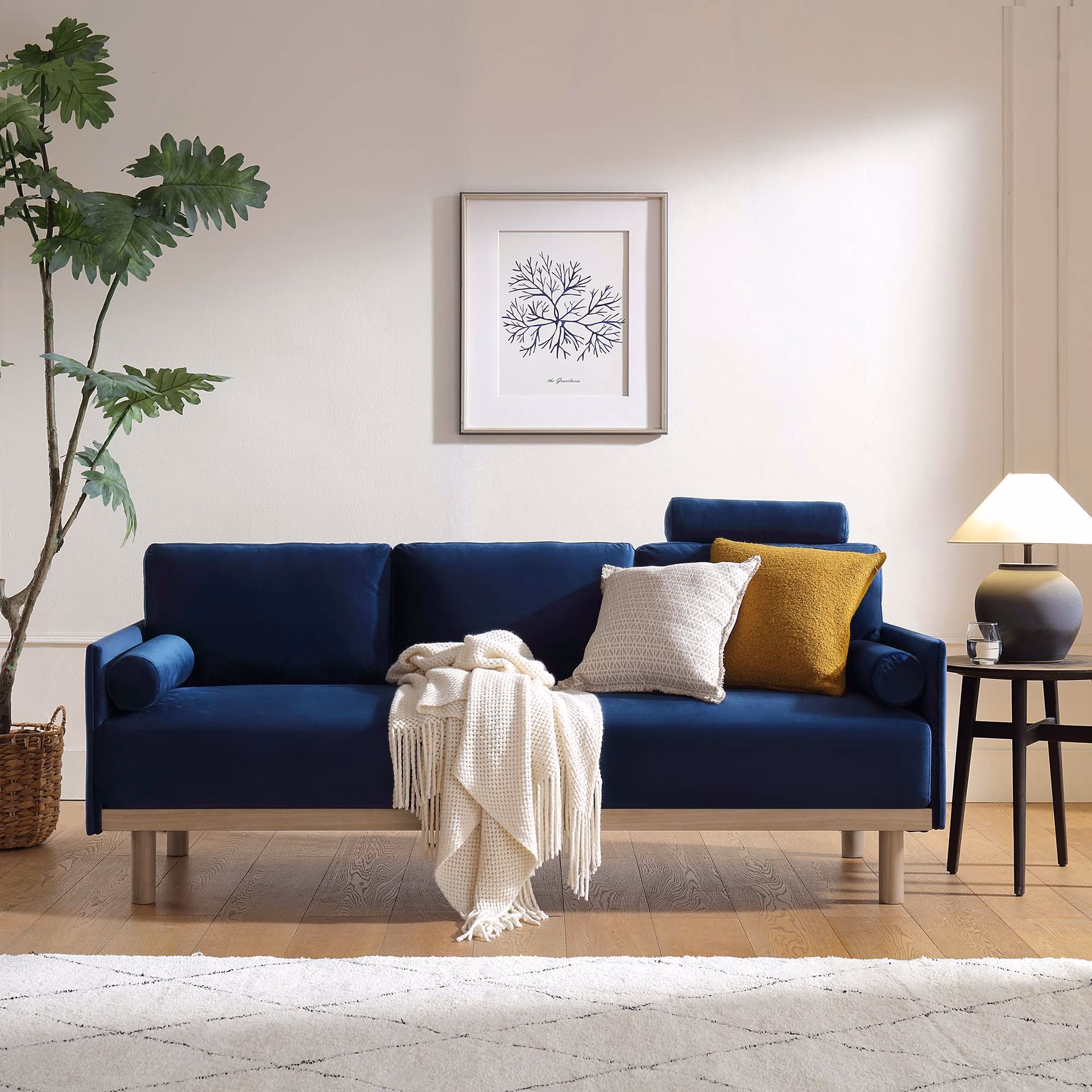 What color goes with a navy couch?