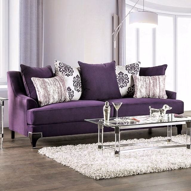 What color goes with a purple sofa?